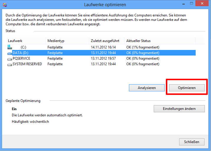 Windows 8: Laufwerke defragmentieren und optimieren