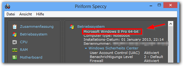 Piriform Speccy Betriebssystem bestimmen