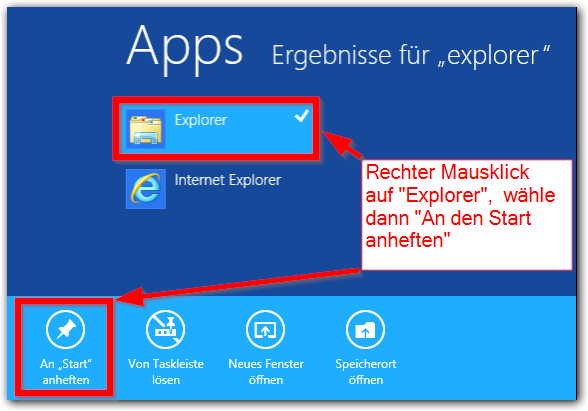 Windows 8: Windows-Explorer an den Start anheften