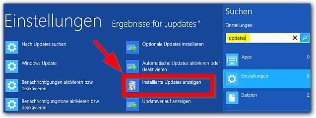 Windows 8: Installierte Updates anzeigen