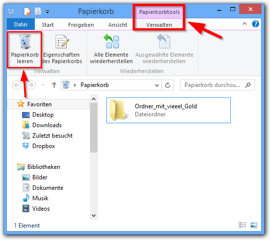 Windows 8: Papierkorb leeren. Papierkorb-Tools verwalten