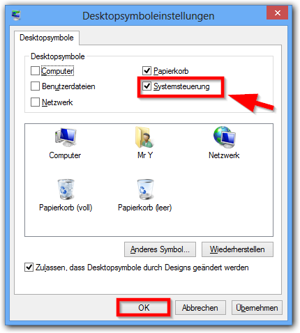 Windows 8: Häkchen bei Systemsteuerung in Desktopsymboleinstellungen