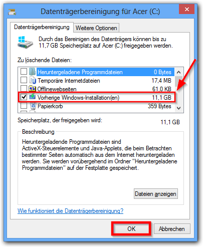 Windows 8: Vorherige Windows-Installation(en) löschen