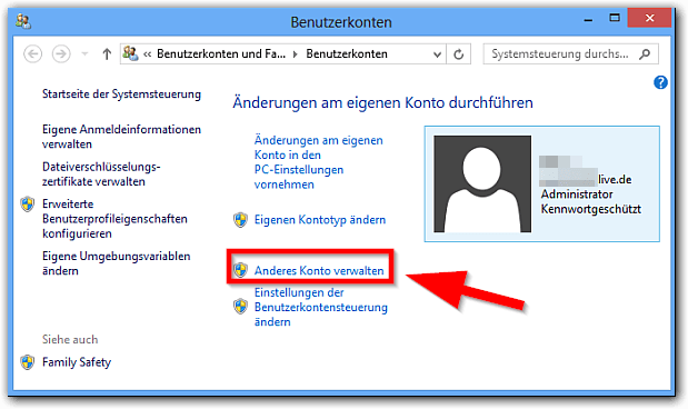 Windows 8: Anderes Konto verwalten (Fenster: Benutzerkonten)