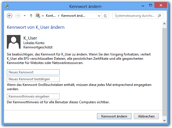 Windows 8: Neues Passwort (Kennwort) eingeben