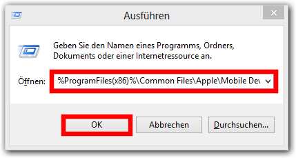 Windows: Ausführenfenster mit dem Befehl zum Starten von AppleMobileDeviceHelper.exe
