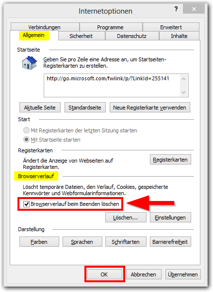 Windows 8: Internet Explorer für Desktop Browserverlauf beim Beenden löschen