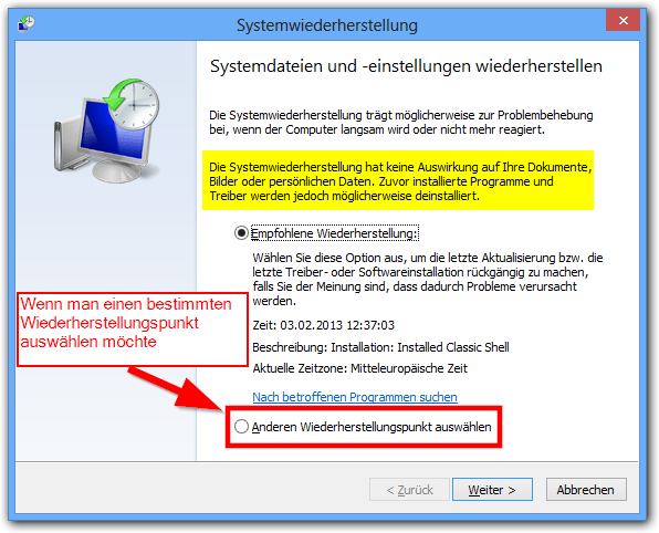 Windows 8: Bestimmten Wiederherstellungspunkt auswählen