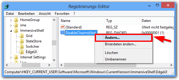 Windows 8 Ragistry: DisableCharmsHint