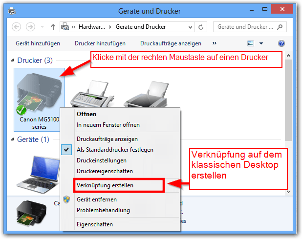 Windows 8: Druckerverknüpfung erstellen