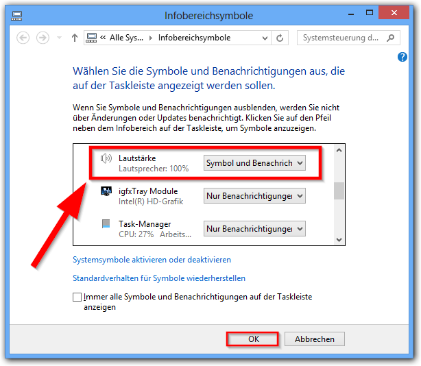 Windows 8: Infobereichsymbole-Fenster -> Lautstärke-Symbol aktivieren deaktivieren