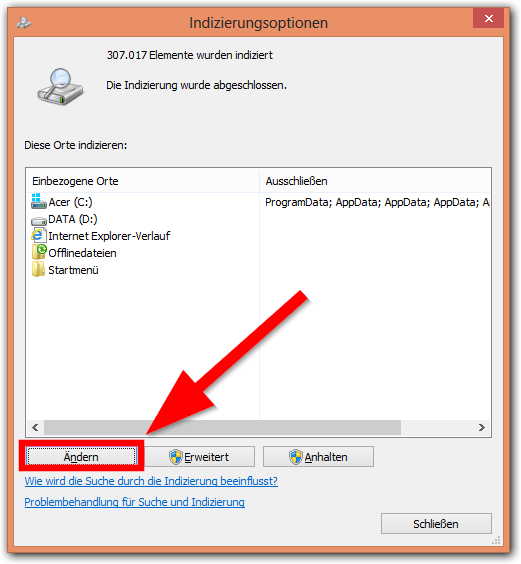 Windows 8: Indizierungsoptionen