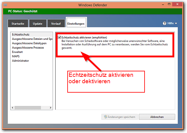 Windows 8: Echtzeitschutz aktivieren oder deaktivieren (Einschalten oder Ausschalten)