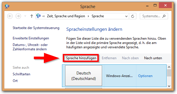 Windows 8: Sprache-Fenster -> Sprache hinzufügen 