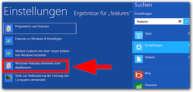 Windows 8 Einstellungen: Windows Features