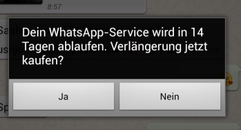 Screenshot: Dein WhatsApp-Service wird in 14 Tagen ablaufen. Verlängerung jetzt kaufen?
