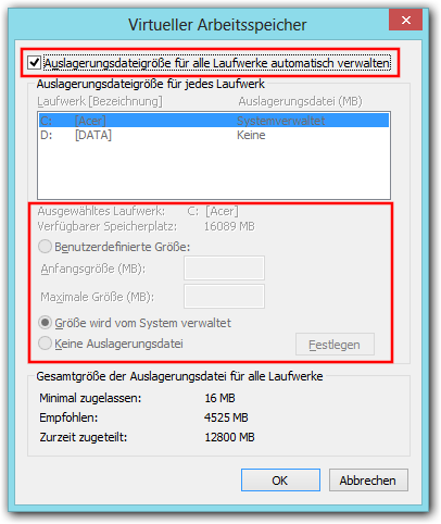 Windows 8: Auslagerungsdatei für alle Laufwerke von Windows automatisch verwalten