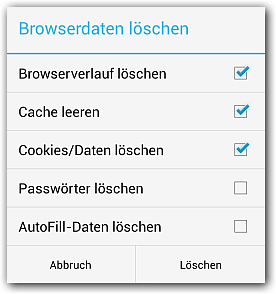 Android: Gooogle Chrome Einstellungen -> Datenschutz -> Browserdaten Löschen -> Passwörter, Coockies, Verlauf