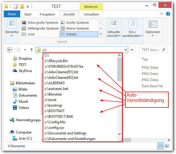 Windows 8: Windows Explorer Autovervollständigung