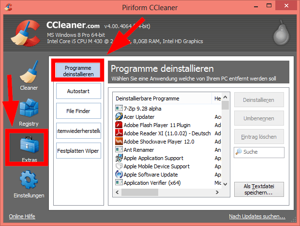 CCLeaner: Programme deinstallieren