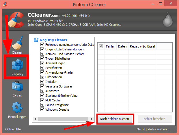 CCleaner:Registry -> nach Fehlern suchen