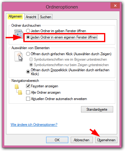 Windows 8: Jeden Ordner in einem eigenen Fenster öffnen