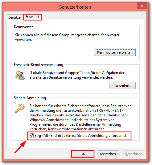Windows 8: Fenster "Benutzerkonten" -> Tab "Erweitert"