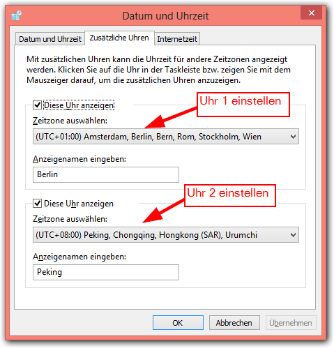 Windows 8: Datum und Uhrzeit -> Zusätzliche Uhren