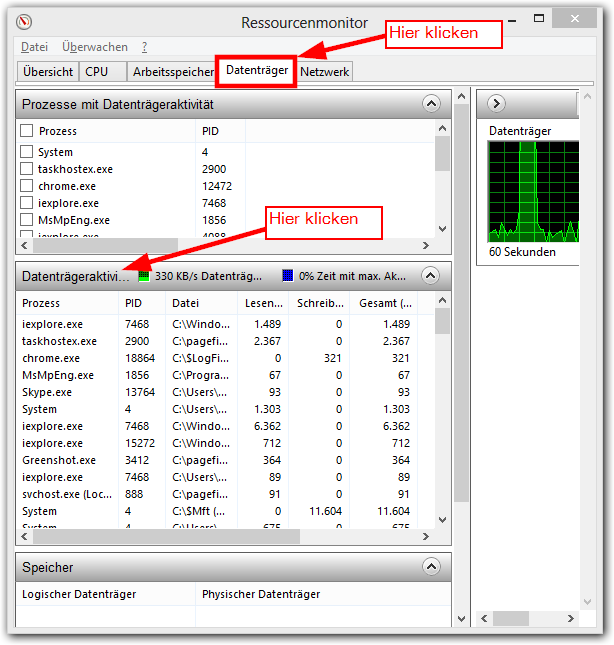 Windows 8 Ressourcen-Monitor -> Datenträger