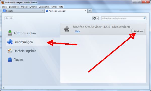Firefox McAfee Siteadvisor Toolbar deaktivieren