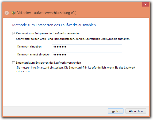 Windows 8: Bitlocker -> Passwort ausdenken