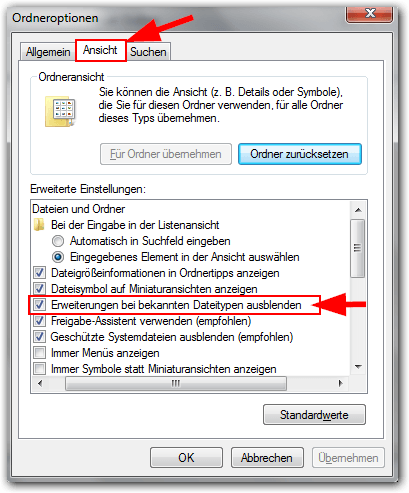 Windows 7: Ordneroptionen -> Erweiterung bei bekannten Dateitypen ausblenden