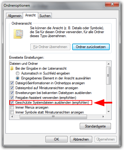 Windows 7: Ordneroptionen -> Geschützte Systemdateien ausblenden (empfohlen)