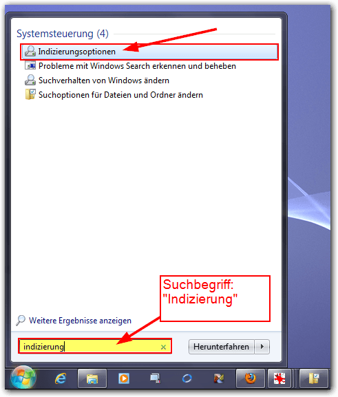 Windows 7: Indizierungsoptionen finden