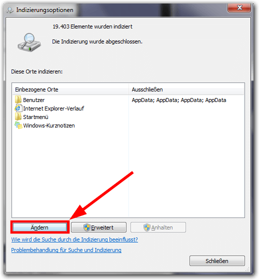 Windows 7: Indizierungsoptionen