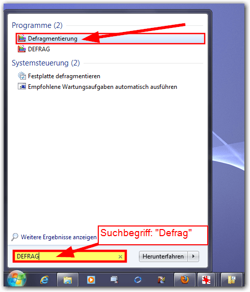 Windows 7: Defragmentierung finden