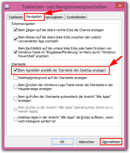 Windows 8, 8.1, 8,+: Beim Anmelden anstelle der Startseite den Desktop anzeigen