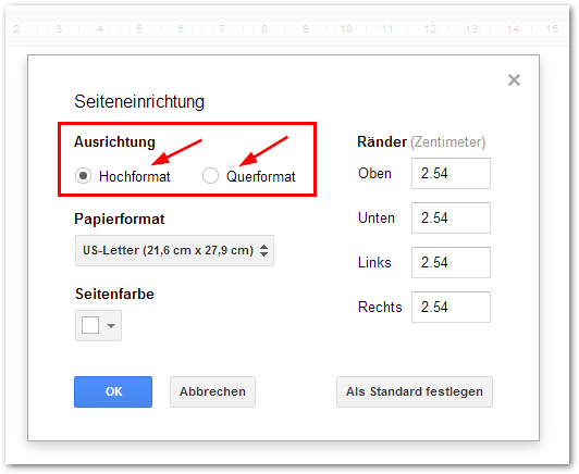 Hochformat und Querformat in Google Docs