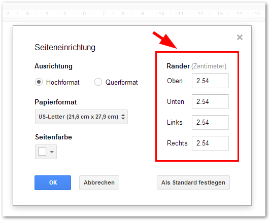 Google Docs: Ränder-Abstand ändern (oben, unten, rechts, links) auch header