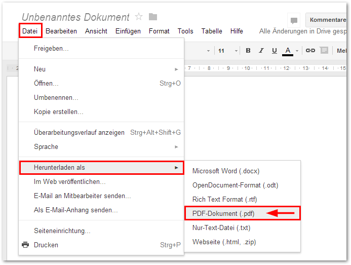 Google Docs Dokument als PDF-Exportieren