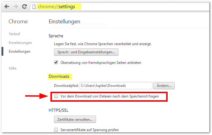 Google Chrome Browser: Vor dem Download von Dateien nach dem Speicherort fragen