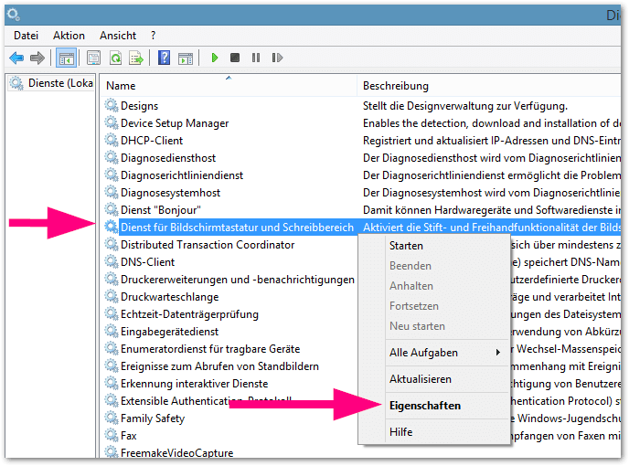 Windows: Dienst für Bildschirmtastatur und Schreibbereich
