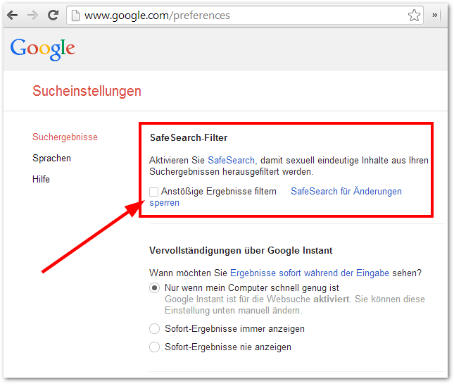 Google Safe Search Filter aktivieren bzw. deaktivieren