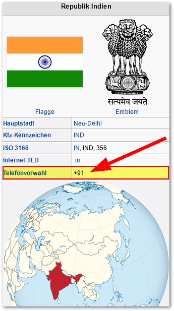 Vorwahl von Indien ist 0091 oder +91