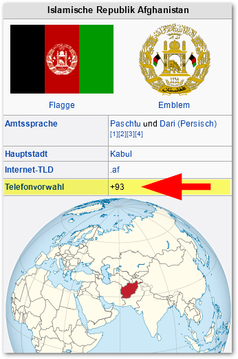 Die Vorwahl von Afghanistan ist 0093 bzw. +93