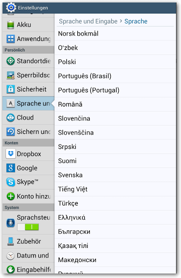 Samsung Galaxy Tab 3 Zusätliche Sprachen