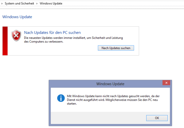 Mit Windows Update kann nicht nach Updates gesucht werden, da der Dienst nicht ausgeführt wird. Möglicherweise müssen Sie den PC neu starten