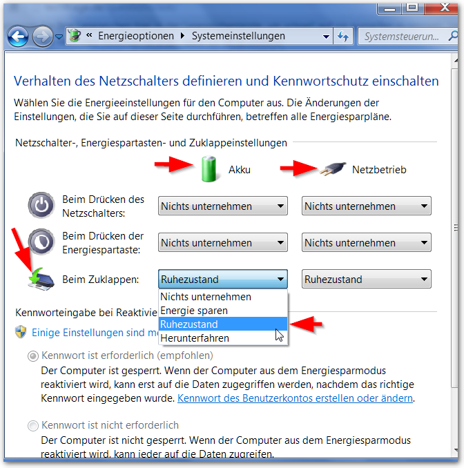 Windows 7: Systemsteuerung -> Beim zuklappen