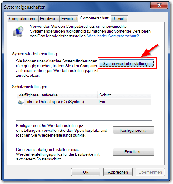 Windows: Systemeigenschaften-Fenster. Computerschutz-Tab + Systemwiederherstellung
