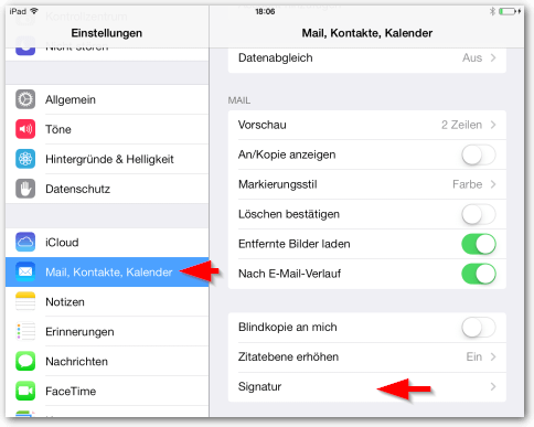 iOS: Mail, Kontakte, Kalender -> Signatur